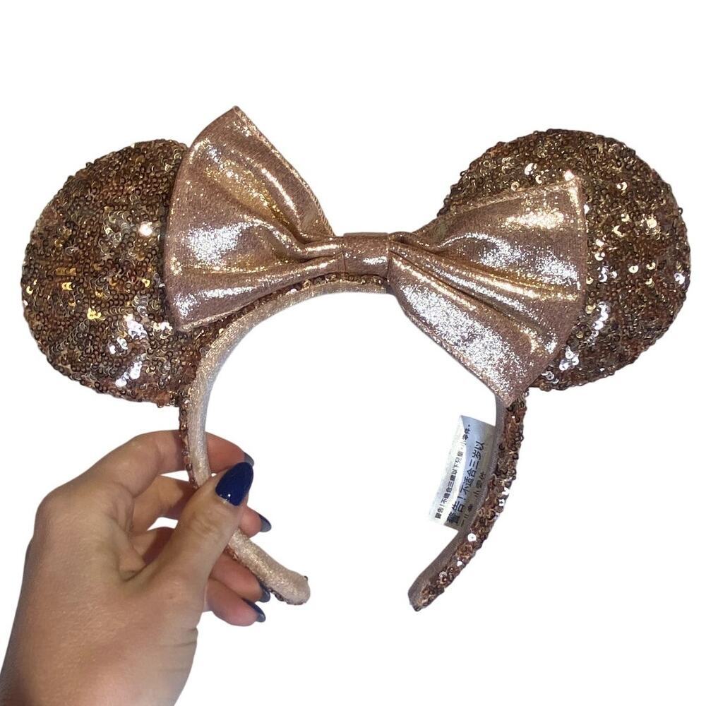 Disney Rose Gold Sequin Minnie Ears Headband with Metallic Bow